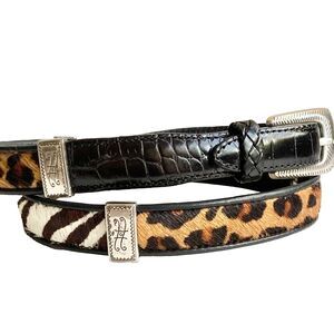 Vintage Brighton Womens Black Brown Cow Fur Leather Belt Faux Croc Size 32 S M